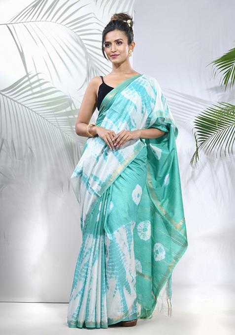 Sea Green And White Shibori Print Silk Saree Set