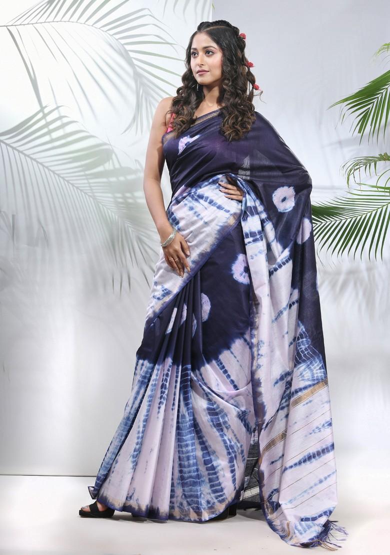 Navy Blue And White Shibori Print Silk Saree Set