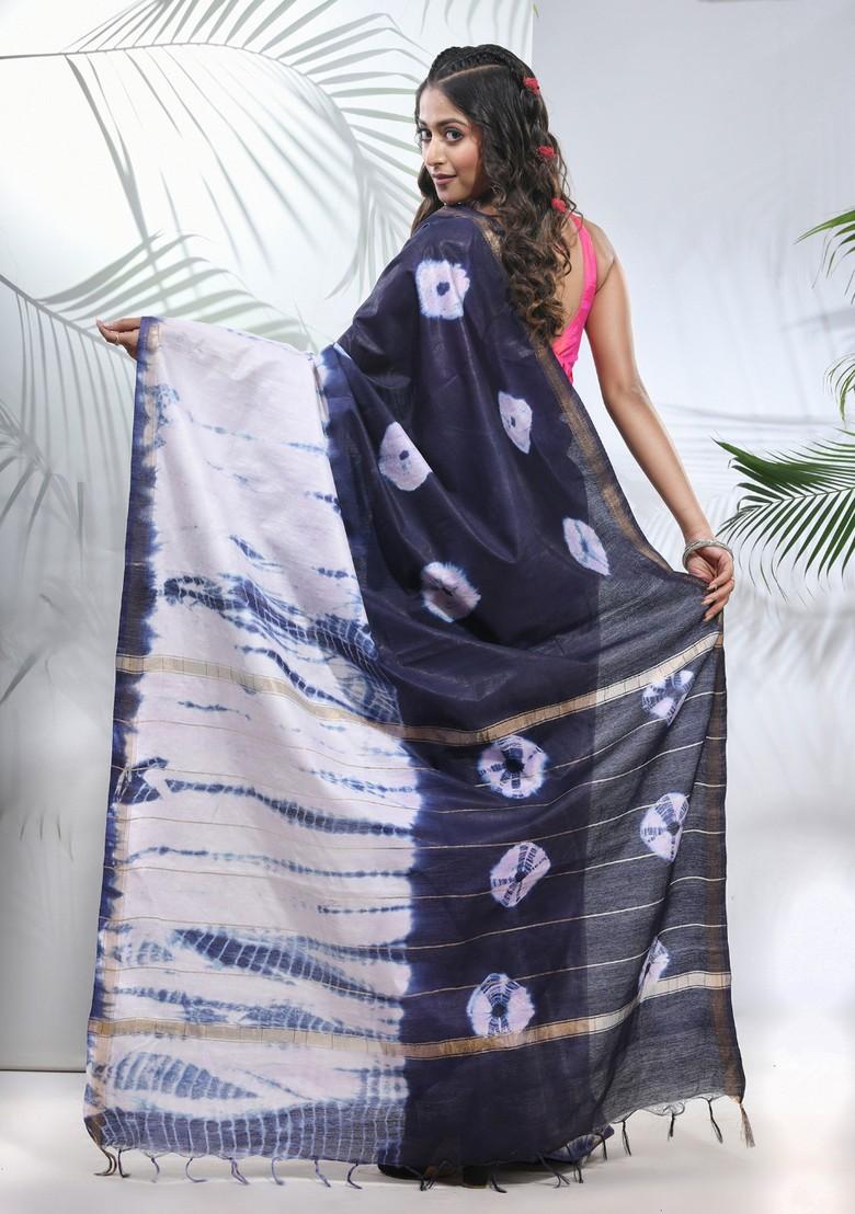 Navy Blue And White Shibori Print Silk Saree Set