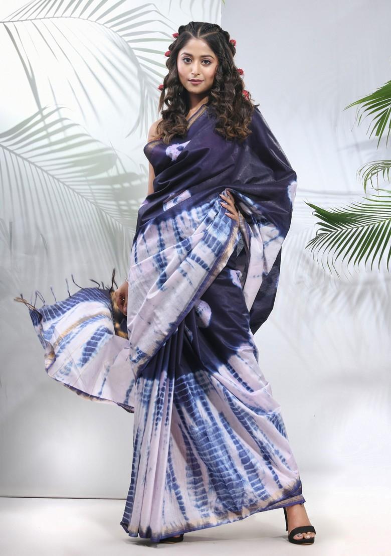 Navy Blue And White Shibori Print Silk Saree Set