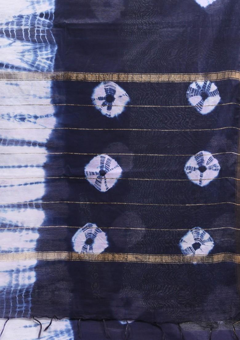 Navy Blue And White Shibori Print Silk Saree Set