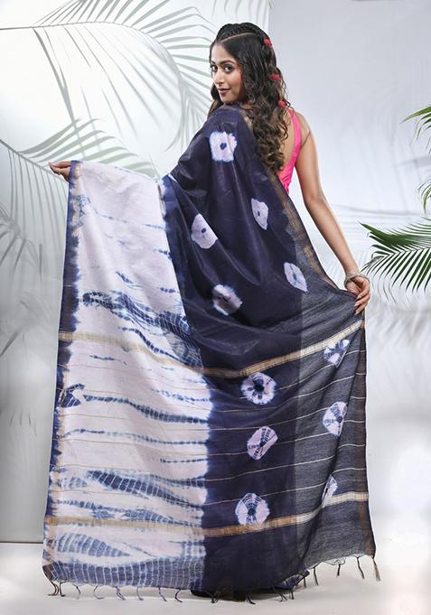 Navy Blue And White Shibori Print Silk Saree Set