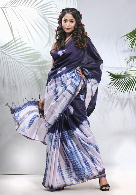 Navy Blue And White Shibori Print Silk Saree Set