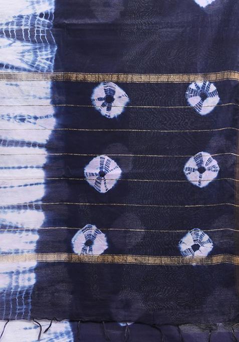 Navy Blue And White Shibori Print Silk Saree Set
