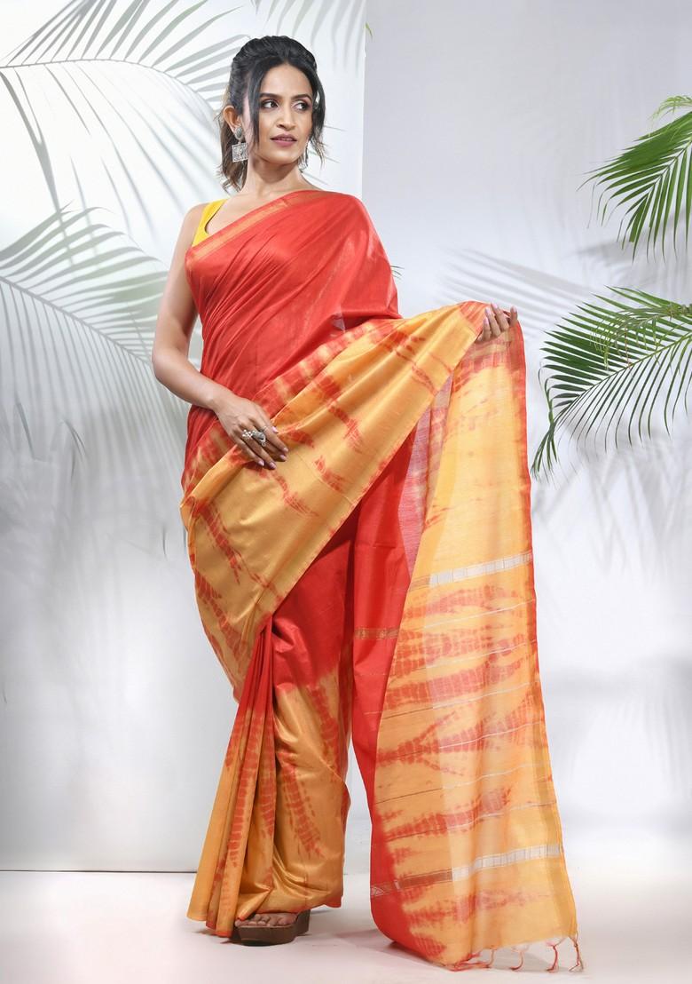 Yellow And Red Shibori Print Silk Saree Set
