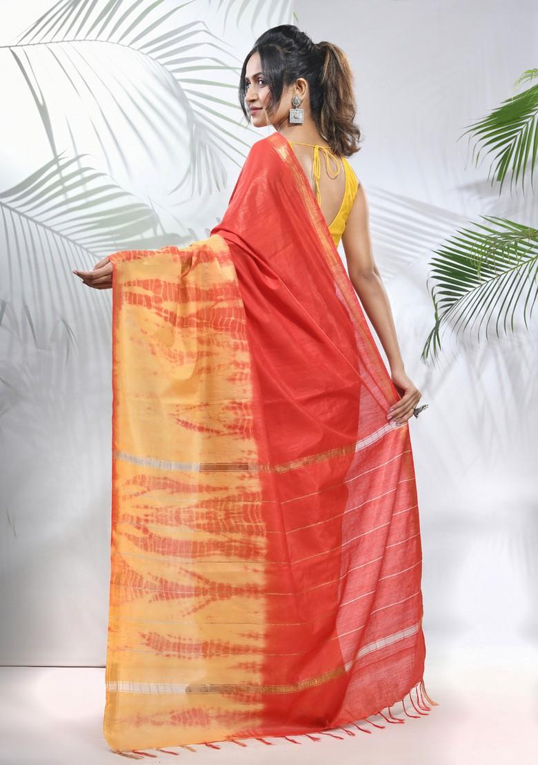 Yellow And Red Shibori Print Silk Saree Set