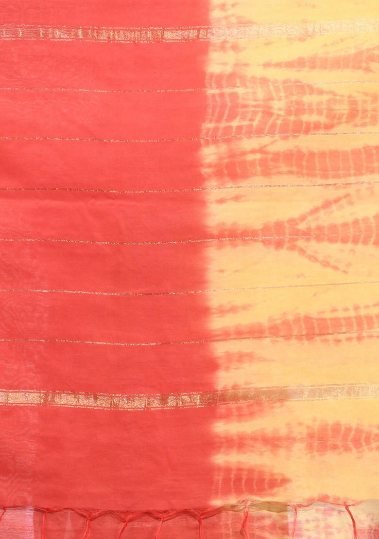 Yellow And Red Shibori Print Silk Saree Set