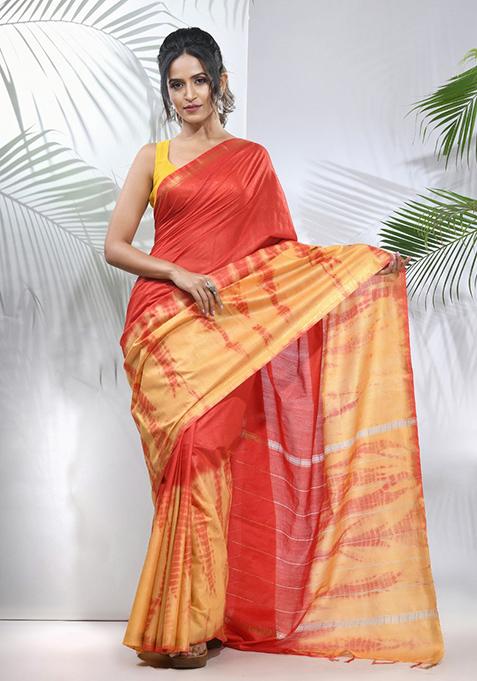 Yellow And Red Shibori Print Silk Saree Set