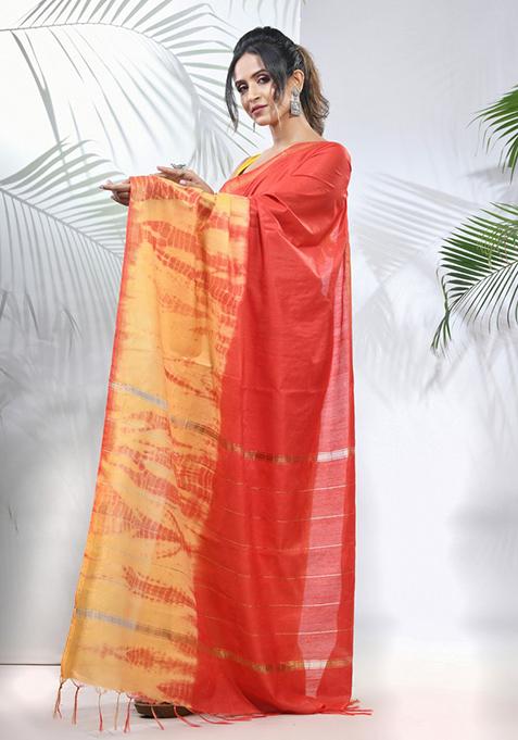Yellow And Red Shibori Print Silk Saree Set