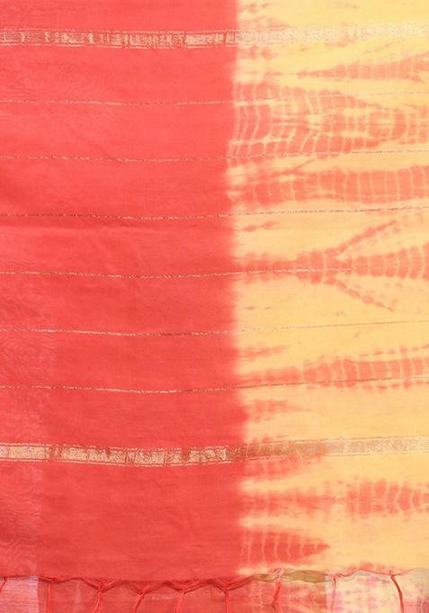 Yellow And Red Shibori Print Silk Saree Set