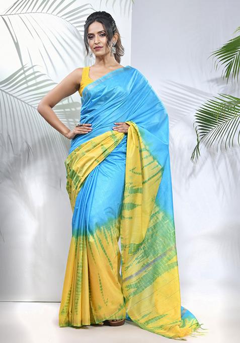 Yellow And Sky Blue Shibori Print Silk Saree Set