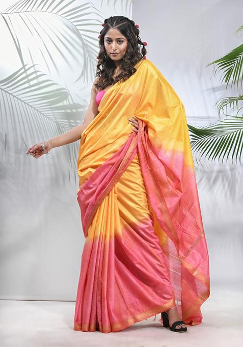 Yellow And Flamingo Pink Zari Woven Silk Blend Saree Set