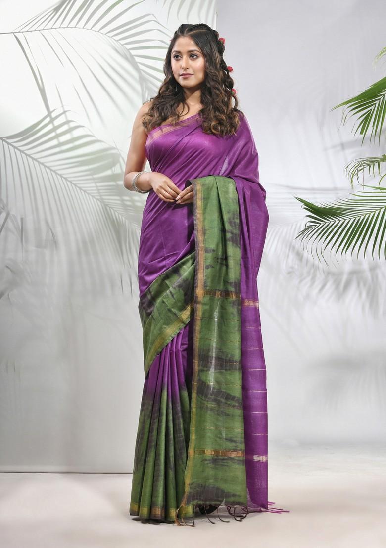 Violet And Sapphire Green Shibori Print Silk Saree Set