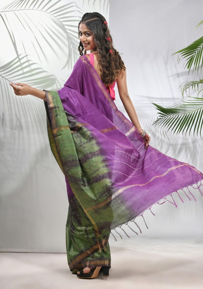 Violet And Sapphire Green Shibori Print Silk Saree Set