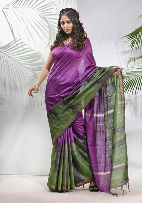 Violet And Sapphire Green Shibori Print Silk Saree Set