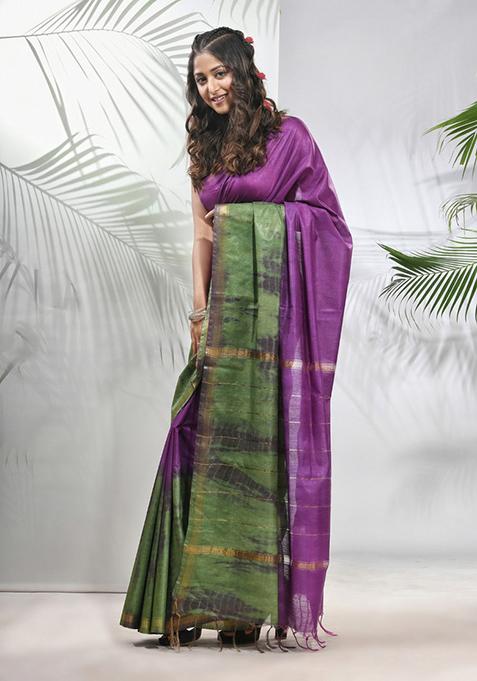 Violet And Sapphire Green Shibori Print Silk Saree Set