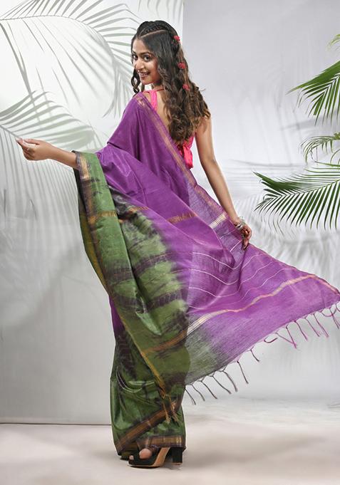 Violet And Sapphire Green Shibori Print Silk Saree Set