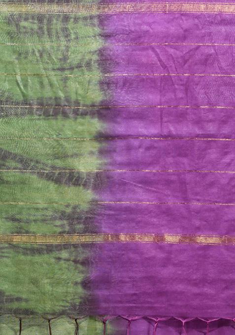 Violet And Sapphire Green Shibori Print Silk Saree Set