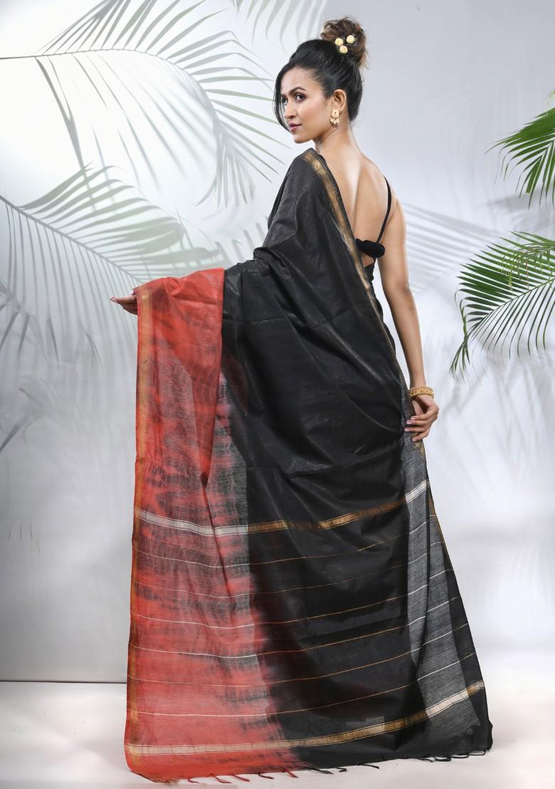 Black And Rust Shibori Print Silk Saree Set - Indya