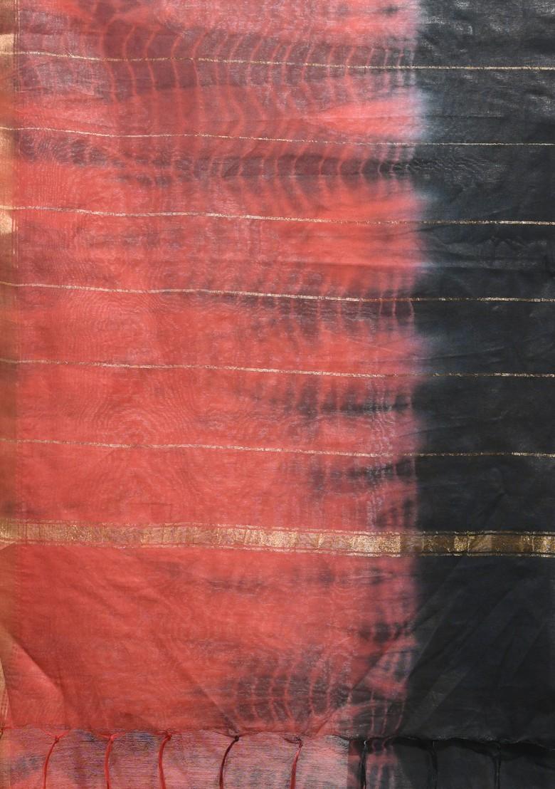 Black And Rust Shibori Print Silk Saree Set