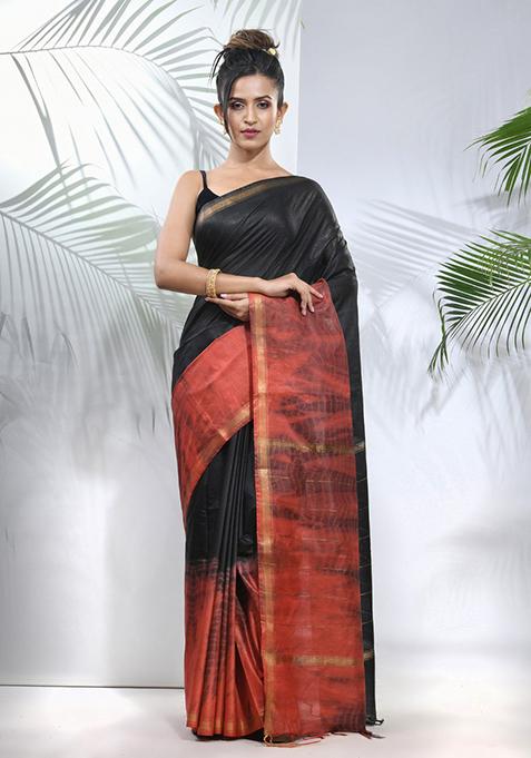 Black And Rust Shibori Print Silk Saree Set