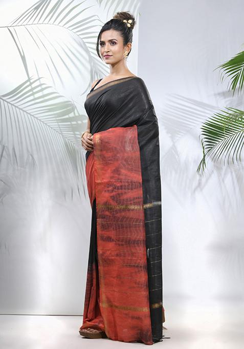 Black And Rust Shibori Print Silk Saree Set
