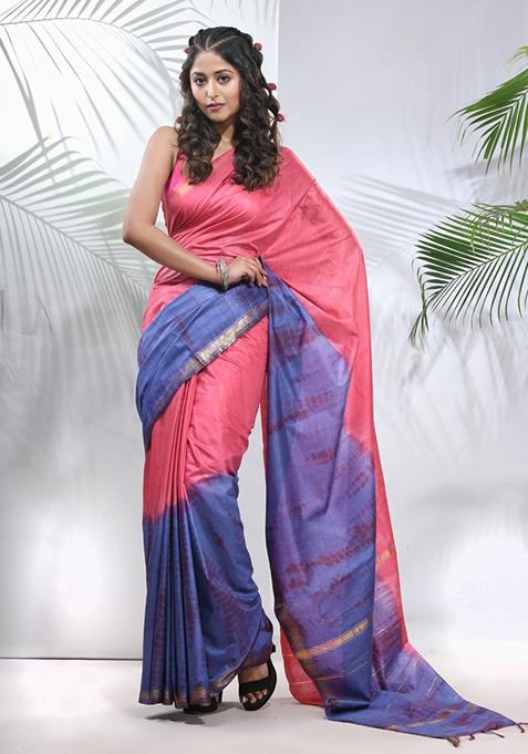 Salmon Pink And Aegean Blue Shibori Print Silk Saree Set