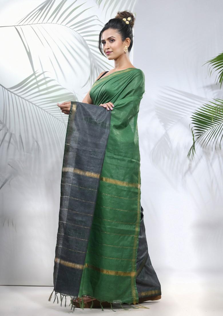 Green And Grey Shibori Print Silk Saree Set