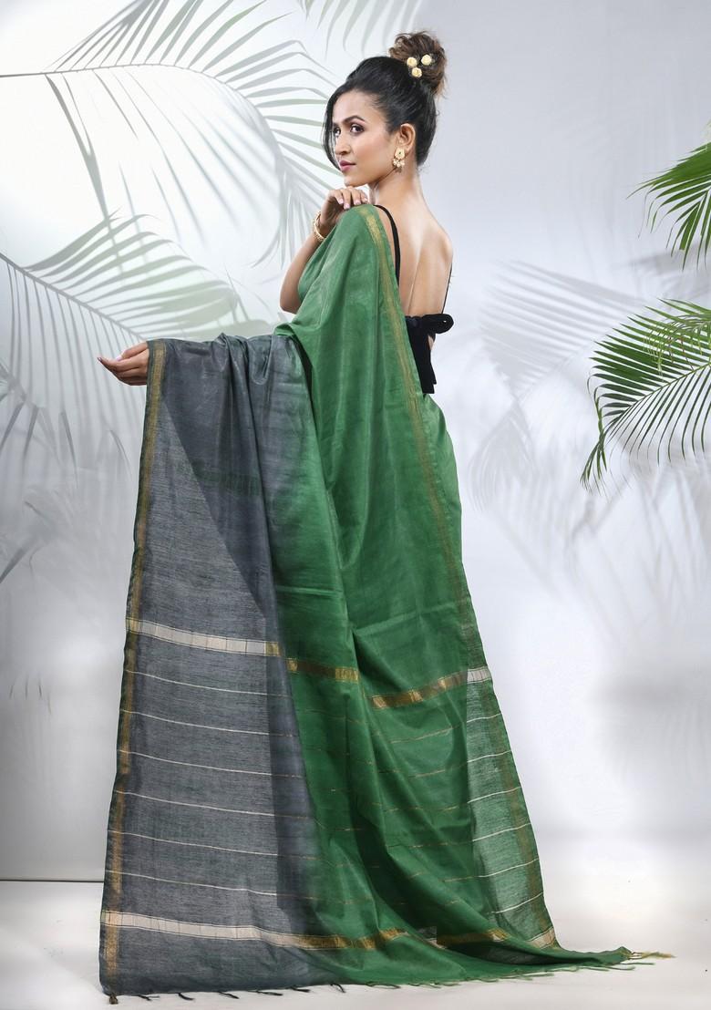 Green And Grey Shibori Print Silk Saree Set