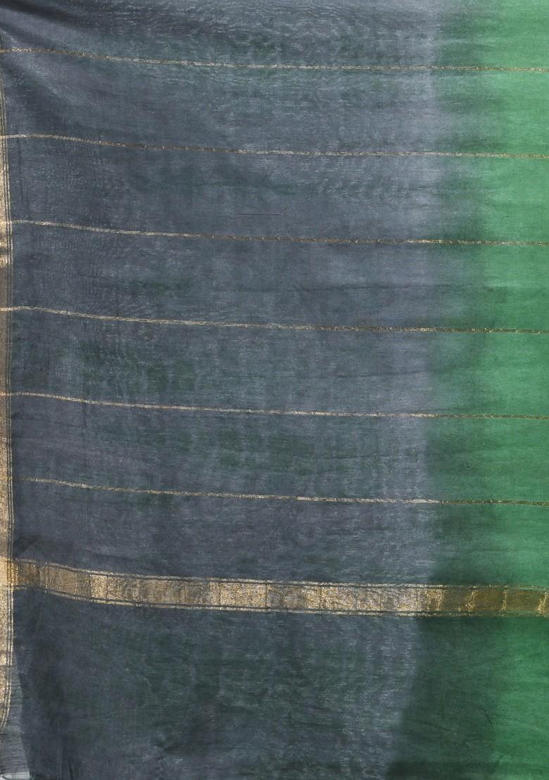 Green And Grey Shibori Print Silk Saree Set