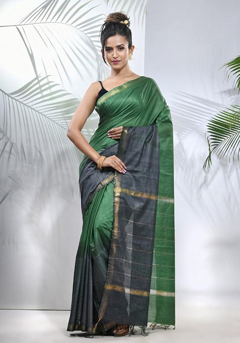 Green And Grey Shibori Print Silk Saree Set