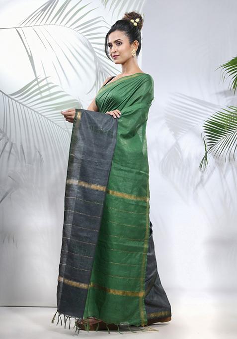Green And Grey Shibori Print Silk Saree Set