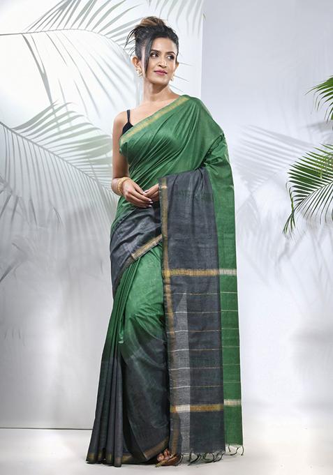 Green And Grey Shibori Print Silk Saree Set