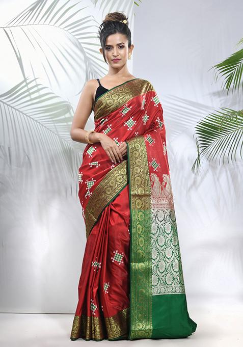 Red Embroidered Silk Saree Set