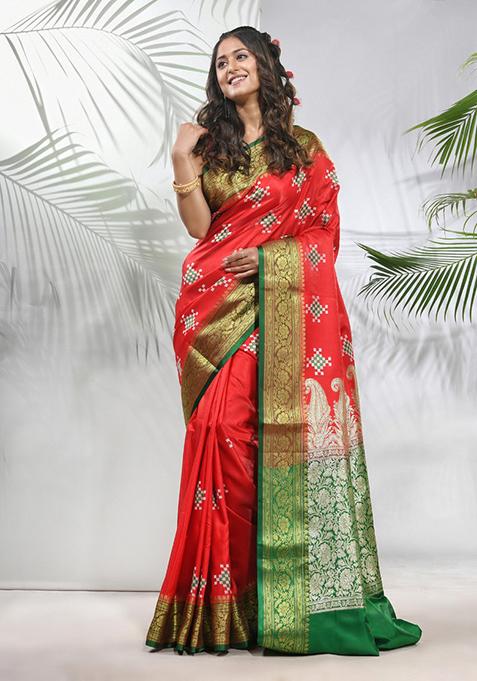 Rust Embroidered Silk Saree Set