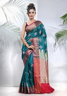 Teal Embroidered Silk Saree Set