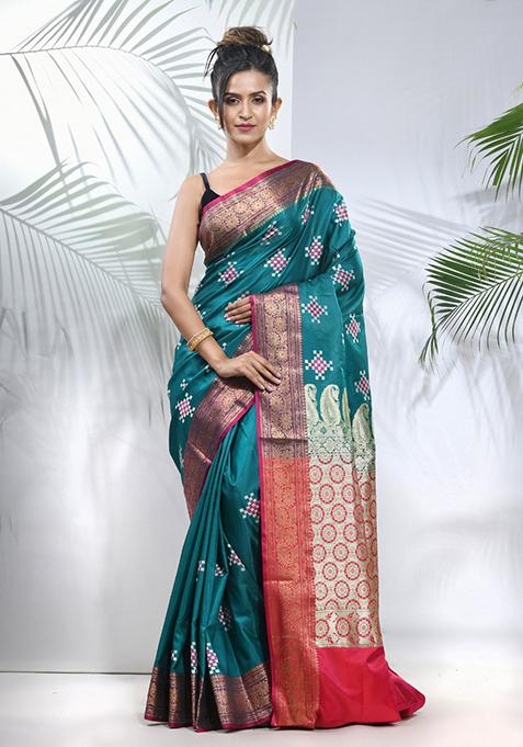 Teal Embroidered Silk Saree Set