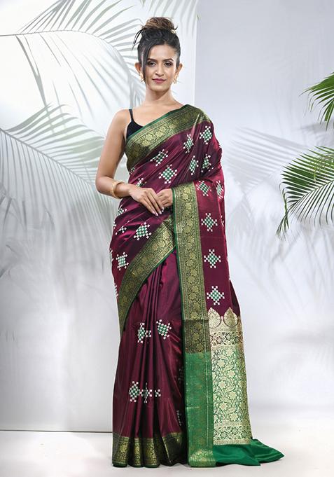 Purple Embroidered Silk Saree Set