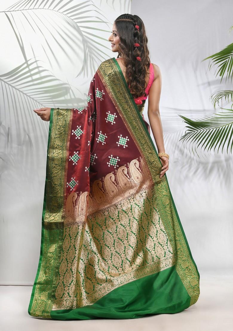 Maroon Embroidered Silk Saree Set - Indya