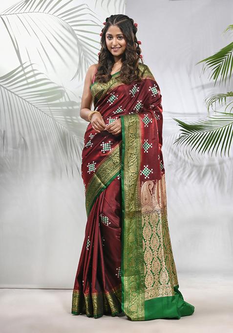 Maroon Embroidered Silk Saree Set