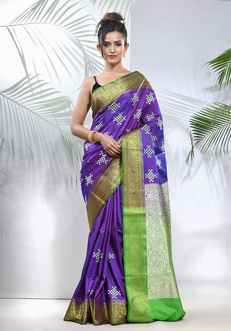 Violet Embroidered Silk Saree Set