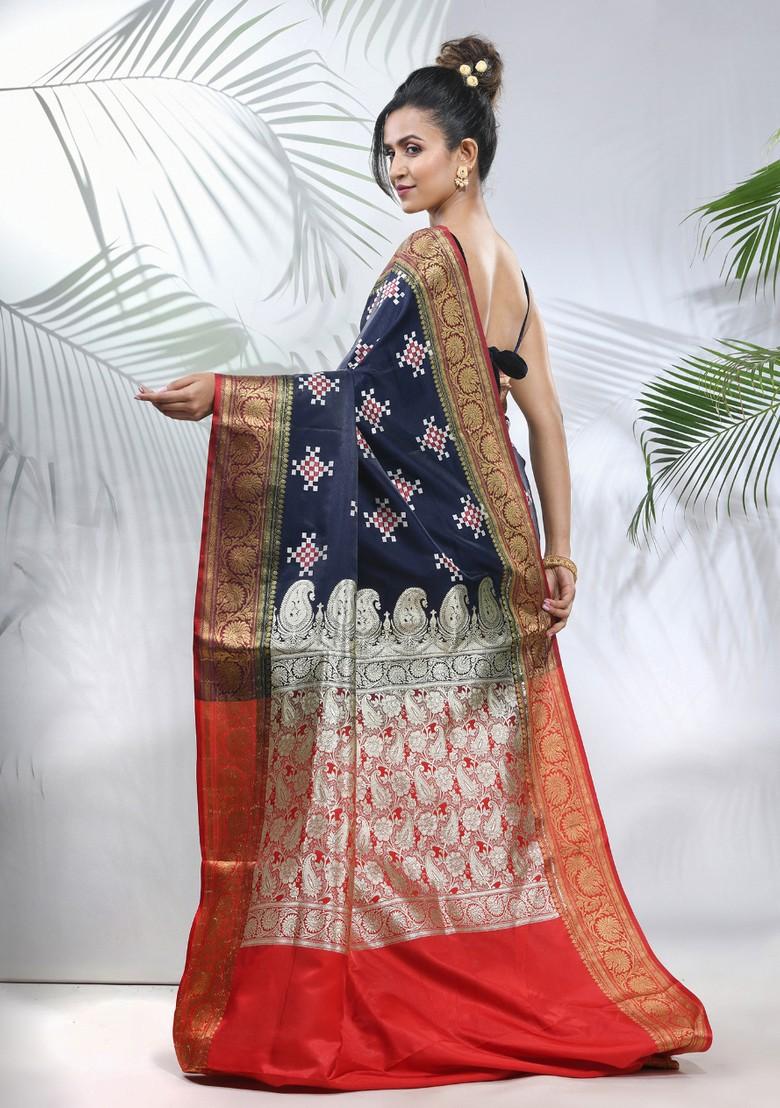 Navy Blue And White Embroidered Silk Saree Set - Indya