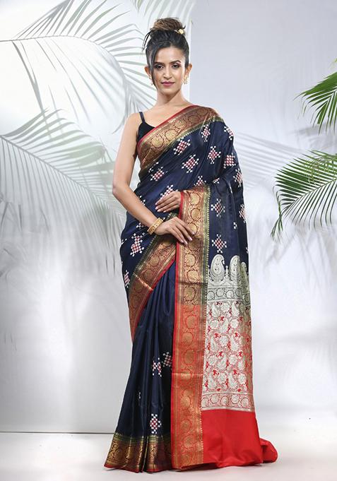 Navy Blue And White Embroidered Silk Saree Set