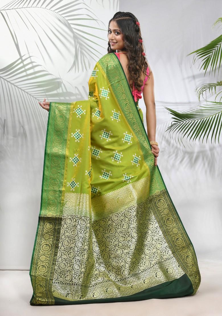 Parrot Green Embroidered Silk Saree Set - Indya
