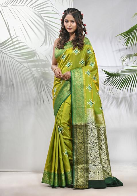 Parrot Green Embroidered Silk Saree Set