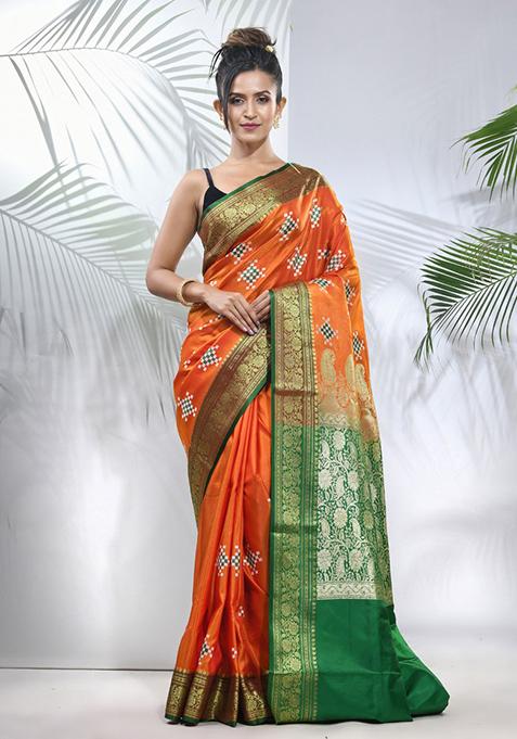 Orange Embroidered Silk Saree Set