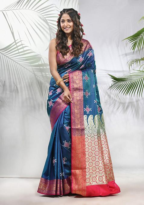 Teal Embroidered Silk Saree Set