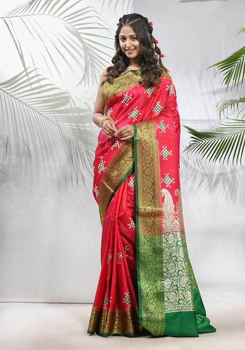 Rani Pink Embroidered Silk Saree Set