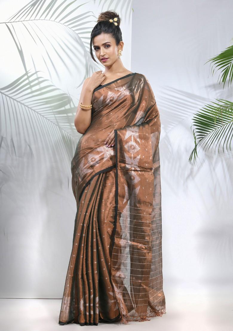 Copper Polka Dot Jamdani Tissue Saree Set - Indya