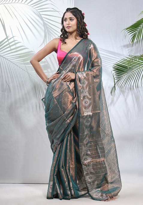 Teal Polka Dot Tissue Saree Set